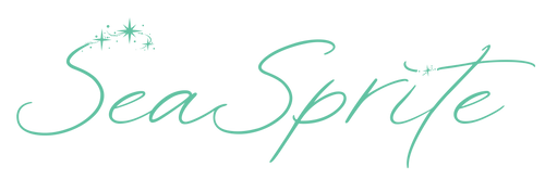 Sea Sprite logo. Script writing of Sea sprite with star accents. Spearmint color. 