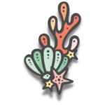 Cartoon of green clamshell and pink starfish with sea fan