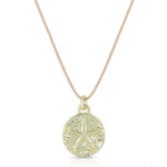 Lucky Feather Sand Dollar Necklace detailed view. Gold sand dollar charm on nylon cord.
