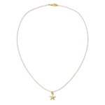 Lucky Feather Starfish Necklace on white background. Gold starfish charm on nylon cord.