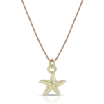 Lucky Feather Starfish Necklace detailed view. Gold starfish charm on nylon cord.