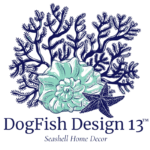 DogFish Design 13 logo consisting of navy coral, sea green conch shell, & navy star fish with company name & seashell home decor in navy blue block lettering beneath