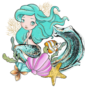 Return policy cartoon mermaid graphic. Mermaid has aqua hair and eyes and wave tail. She is sitting on a pink shell and surrounded by fish and starfish.