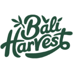 Bali Harvest logo of company name in dark green script lettering with plant leaf accents.