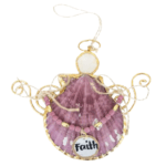 Shell Angel Ornament Faith shown. Purple color shell wrapped with gold wire to resemble angel wings and halo. Hope in black lettering hanging from row of seed beads stretched across the middle of the shell.
