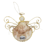Shell Angel Ornament Hope shown. Neutral color shell wrapped with gold wire to resemble angel wings and halo. Hope in black lettering hanging from row of seed beads stretched across the middle of the shell.