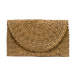 Woven Straw Clutch Brown pictured closed on a white background. Purse is made with brown palm fronds, is a rectangle, and displayed while closed.